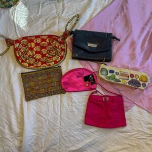 Maximalist Clutch & Pouch Lot | 7-Piece Y2K Silk Red Gold & Neon Pink Bundle